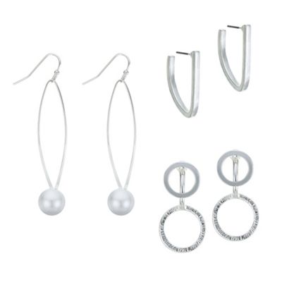 Silver pearl and hoop drop earring set